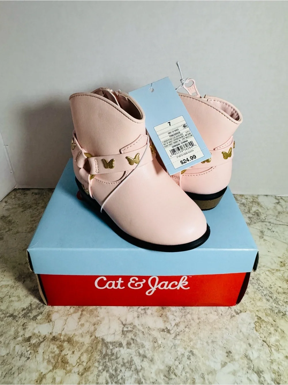 Cat & Jack Pink Girls' Butterfly Strap Ankle Boots Sz 7